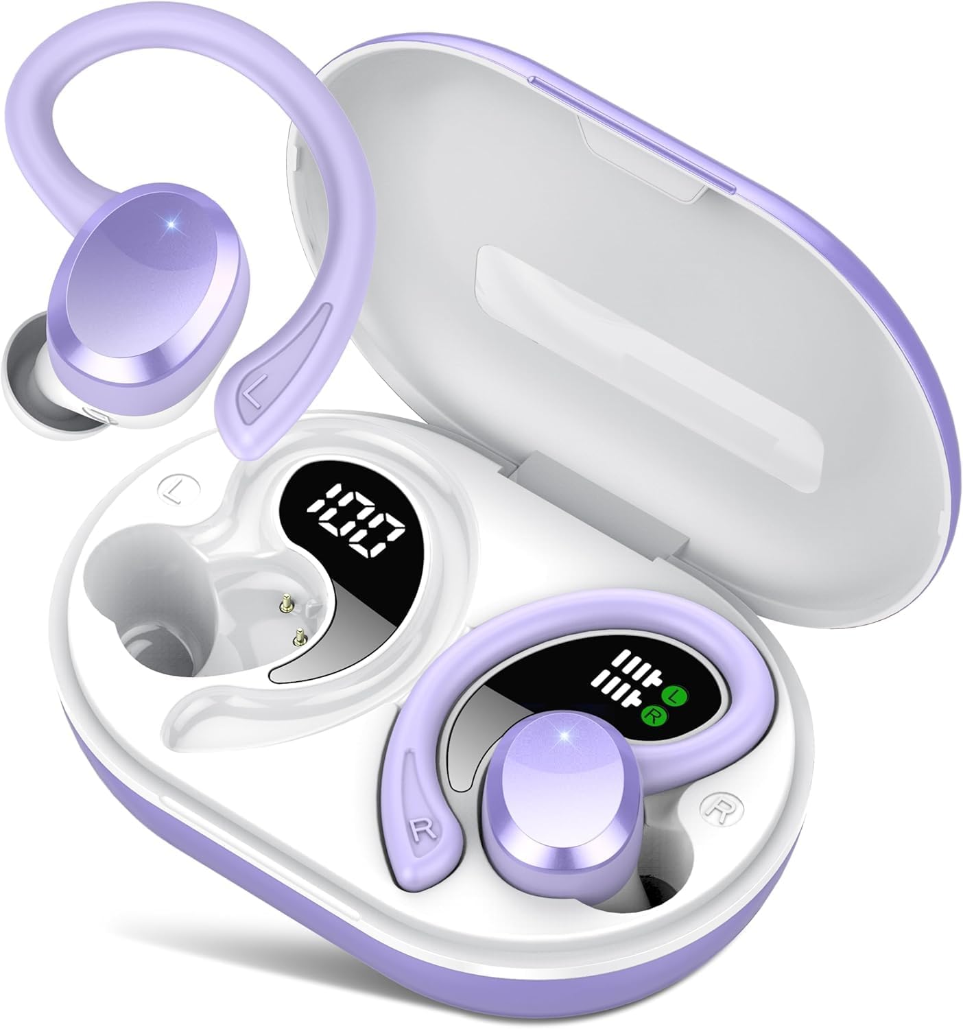 Sport Earhook Wireless Earbuds Bluetooth 5.4,Hi-Fi Bass 68H Playtime,IP7 Waterproof Headphones for Running Workout (Purple)