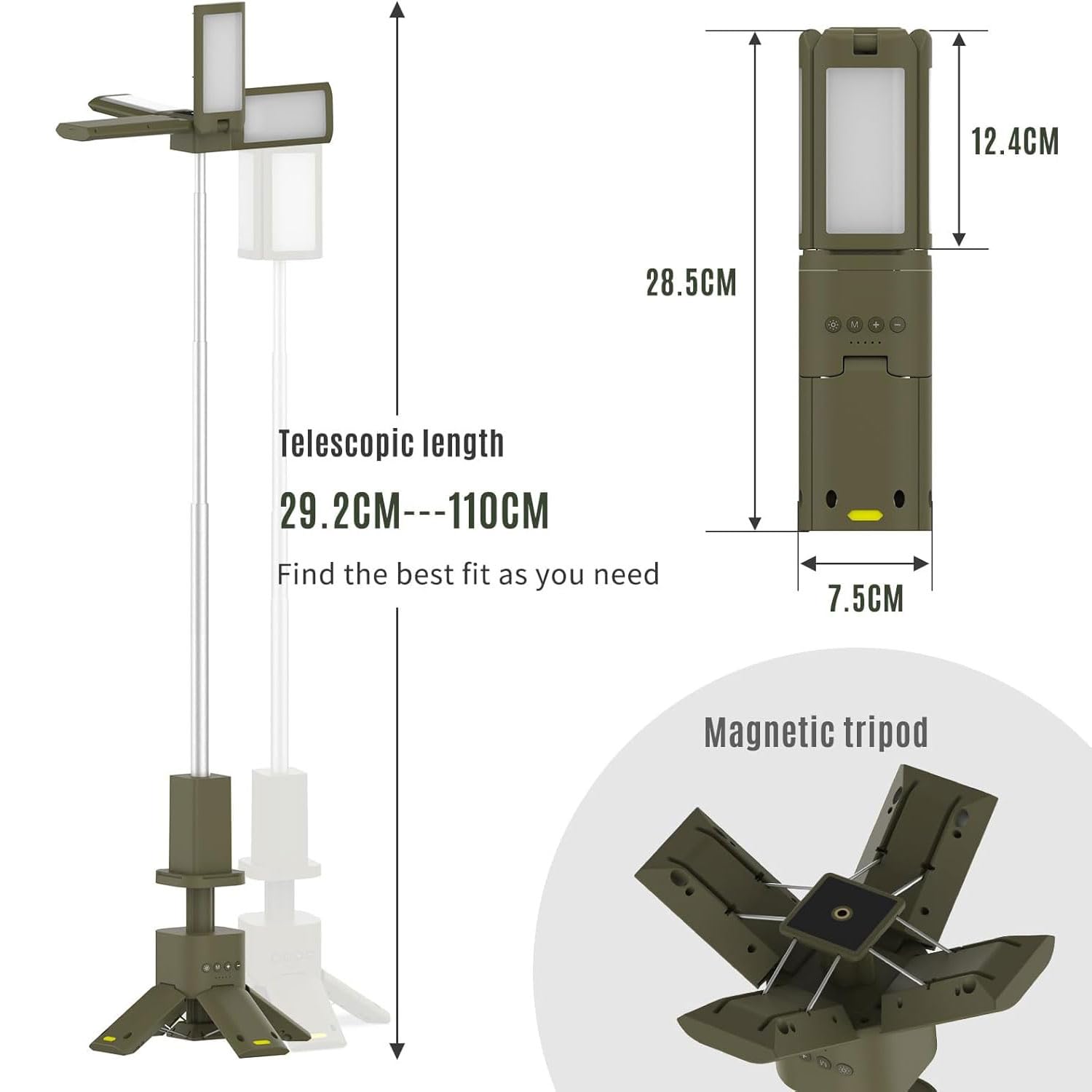 3-in-1 Led Campinglampe Aufladbar Teleskop, 6000LM Camping Laterne Magnetische Taschenlampe 14000mAh Powerbank 3 Farbtemperaturen Wasserdicht Outdoor Wandern Autoreparatur Abenteuer Notfall (Khaki)