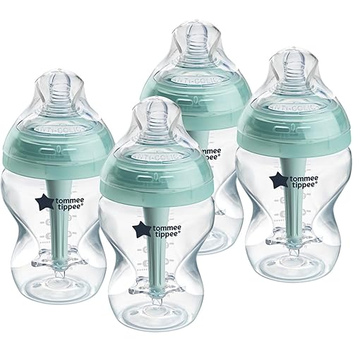 Tommee Tippee Advanced Anti-Colic 9 Oz BPA Free Baby Bottles, Newborn 0+ Months, Slow Flow Breast-Like Nipple, Unique Design Keeps Air Away from Milk and Baby, Clear, Pack of 4