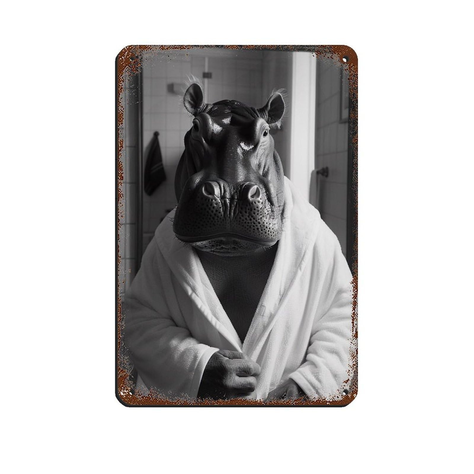Hippo in A Bathrobe, Funny Bathroom Art (2) Retro Poster Metal Tin Sign Chic Art Retro Iron Painting Bar People Cave Cafe Family Garage Poster Wall Decoration 8x12inch(20x30cm)