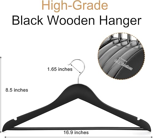Miniatura 2 de TOPIA HANGER Perchas de madera para abrigos, paquete de 30 perchas de madera negra, gancho giratorio de 360 y muescas antideslizantes para camisola,