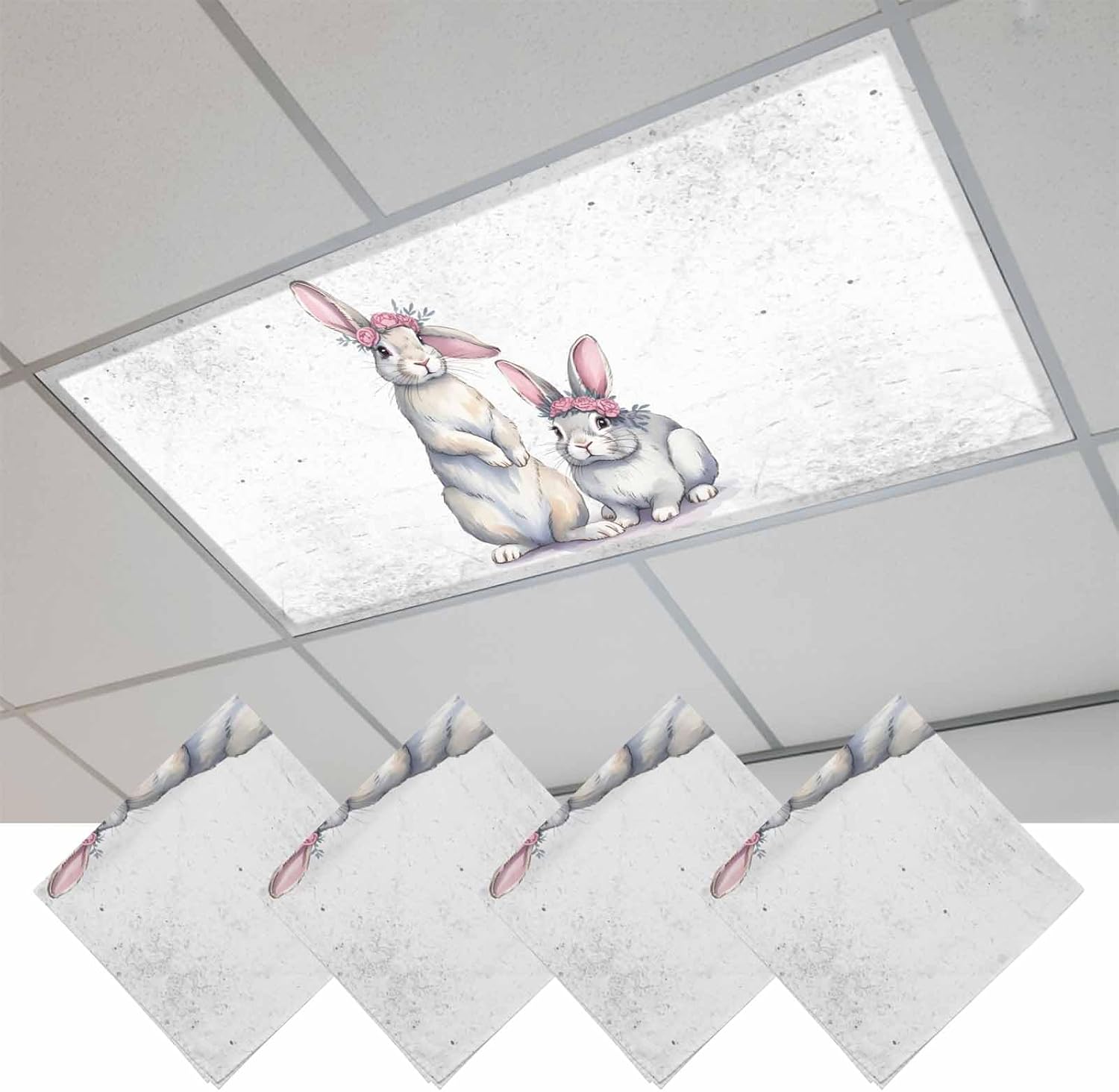 Easter Bunny Fluorescent Light Covers for Ceiling Lights 4x2 feet,4 Pack Magnetic Light Filters for Classroom,Cute Rabbits with Rings Retro Country Fluorescent Lamp Shade Panel for Office School Drop