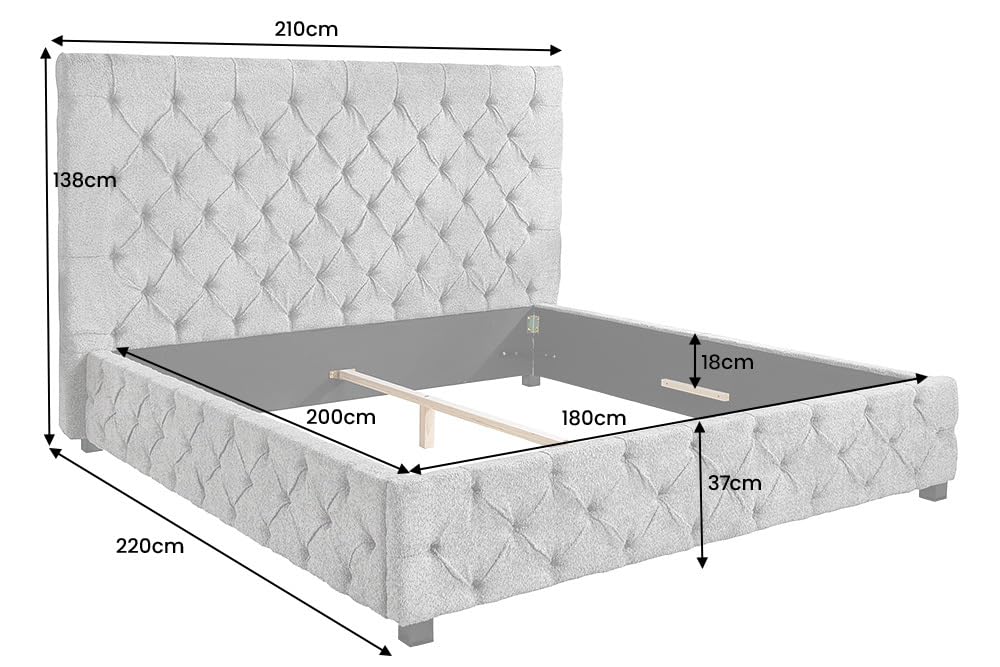 Boxbett PARIS - 180x200 cm - grau - Bouclé Chesterfield hohes Kopfteil