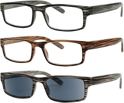 Eyekepper Spring Hinge Striped Reading Glasses 3 Pairs Men Includes Sunshine Readers +1.50