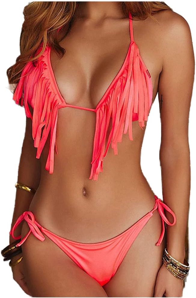 Women Sexy Swimsuit with Tassels Halter Top Low Waist Bandage Bikini Set Hanging Neck Removable Padded Bra Beach Swim