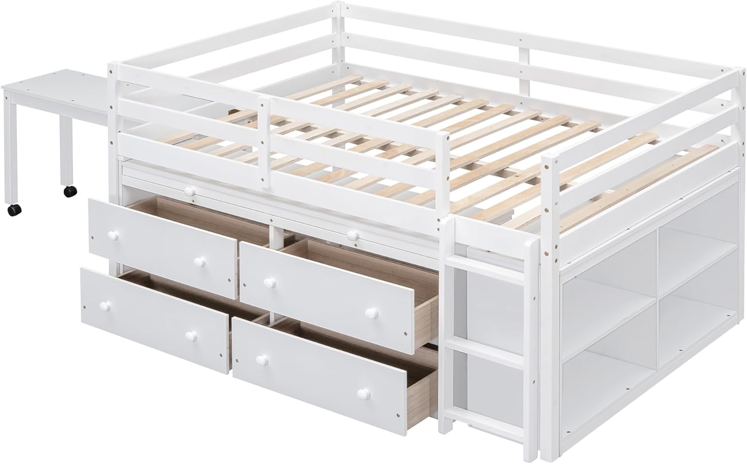 Harper & Bright Designs Low Loft Bed with Retractable Writing Desk and Storage Drawers, Kids Full Size Loft Bed with Shelves for Kids Boys Girls, White