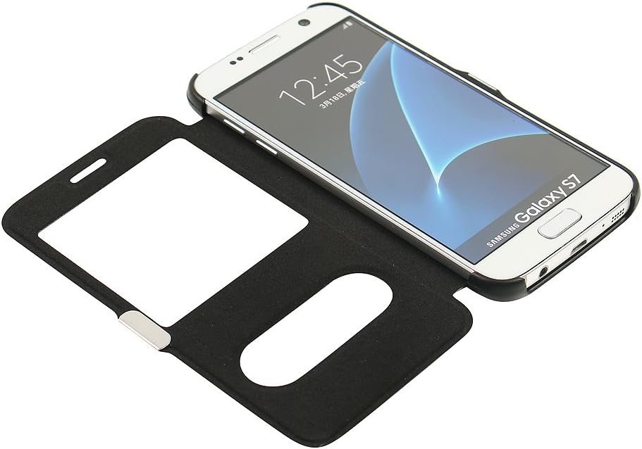 S7 Case, Galaxy S7 Case, MTRONX Dual Window View Magnetic Closure Twill PU Leather Ultra Folio Flip Slim Case Cover for Samsung Galaxy S7 - Black(MG2-BK)