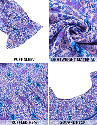 Hotouch Bohemian Print Dress Short Sleeve Square Neck Blue Floral Dresses Maxi Beach Casual Dress (Blue Floral M) #TOP3