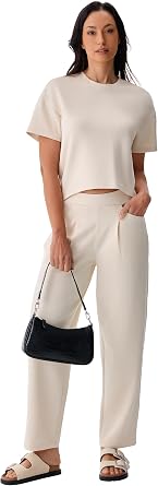 AFITNE Womens 2 Piece Lounge Set Short Sleeve Top and Wide Leg Pants Vacation Outfits Travel Casual Matching Tracksuits