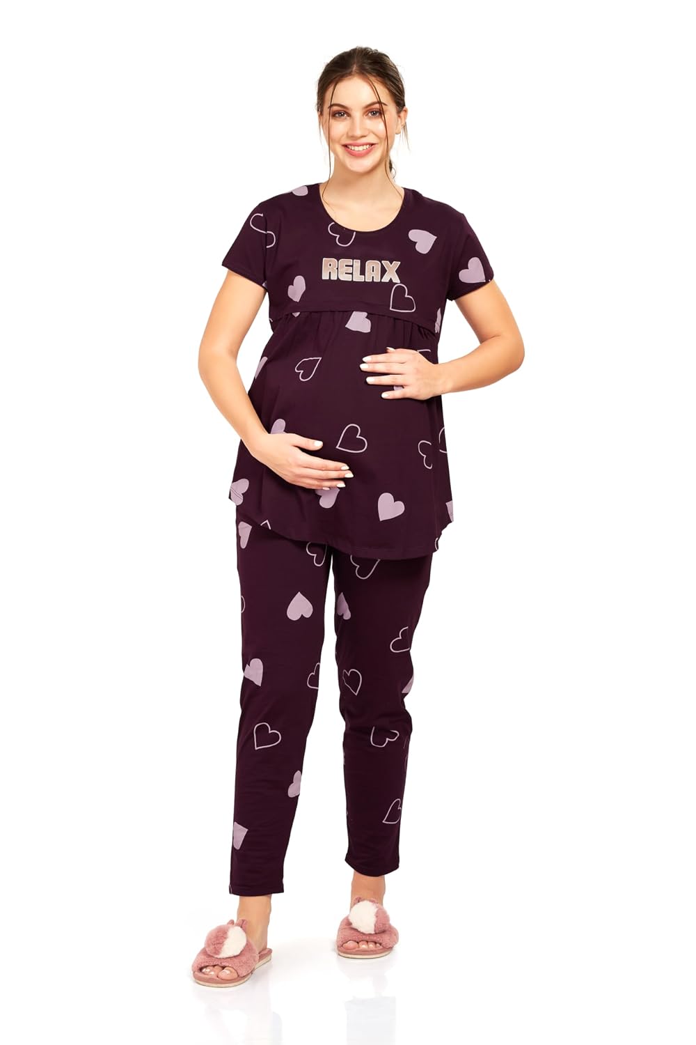 LOTIK Women's Cotton Heart Print Maternity & Feeding Nightsuit Set