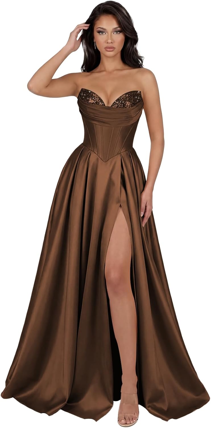 Sparkly Sequin Corset Prom Dresses for Teens 2026 with Slit Cowl Neck A Line Strapless Sweetheart Formal Evening Gown