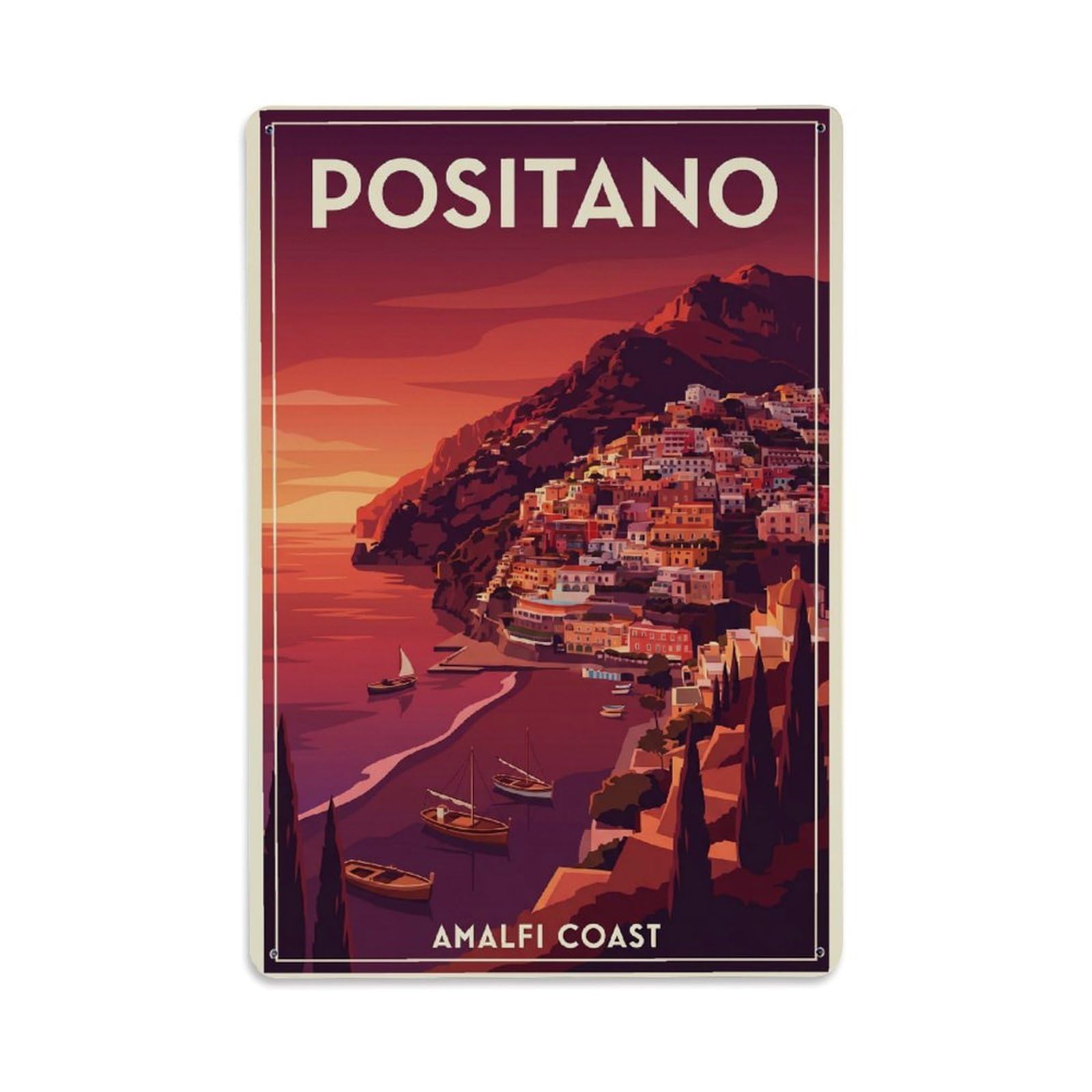 Vintage Travel Positano Italy Crimson Metal Tin Sign Plaque Wall Decor for Cafe, Club Bar, Office, Garden Metal Poster 8x12Inch