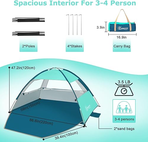 Miniatura 2 de COMMOUDS Carpa de Playa con Sombra Solar para 34-56-78-10 Personas, Refugio Solar de Playa con Toldo UPF 50+, Liviana, Fácil de Instalar y
