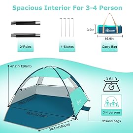 COMMOUDS Beach Tent Sun Shade for 3/4-5/6-7/8-10 Person, UPF 50+ Beach Sun Shelter Canopy Tent, Lightweight, Easy Set Up and Carry
