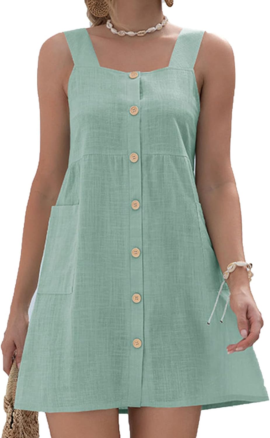 Women Spaghetti Strap Button Down V Neck Sleeveless Casual Mini Dress Strappy Swing A Line Shot Dresses