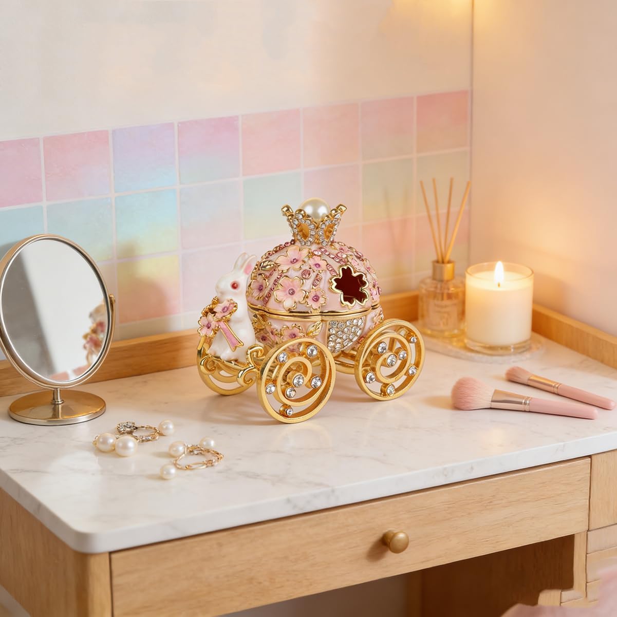 Bunny Pumpkin Carriage with Flowers Jewelry Trinket Box Hinged Hand-Painted Enamel Ornaments Gift for Home Decor (Pink) - Image 3