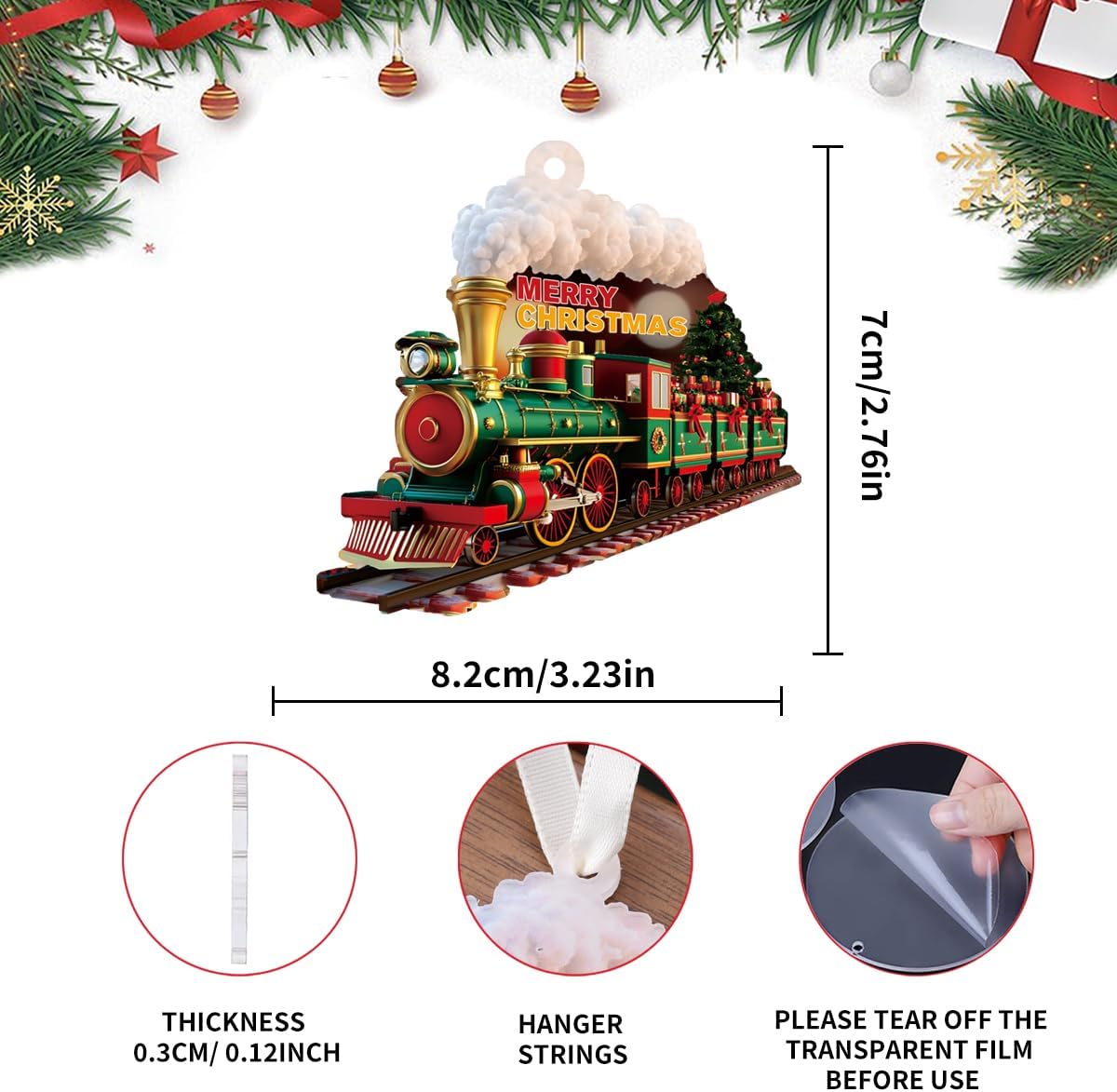 Enfeites de Natal, decorações de árvore, enfeites de pendurar para 1 peça, árvore de trem de Natal de acrílico transparente, decoração de casa