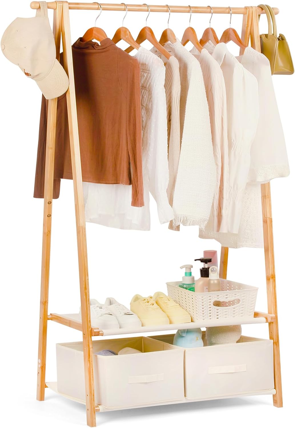 Bamboo Clothes Rack with 2 Storage Box and 2 storage shelf, Portable Extra Large Garment Rack Clothing Rack, Foldable Wardrobe For Entryway and Bed Room