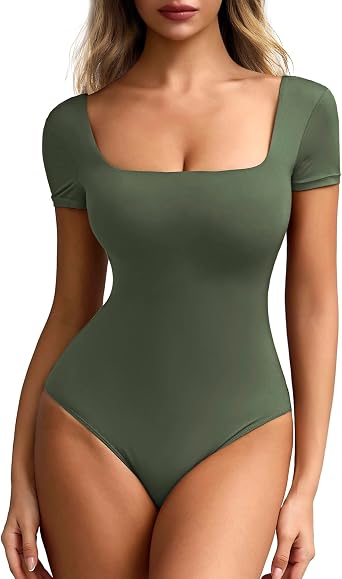 Womens Sexy Square Neck Double-Lined Bodysuits Short Sleeve T-Shirts Body Suits Summer Slim Fitted Tops