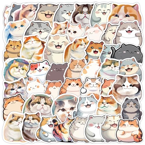 50 pegatinas lindo gato gordo para botellas de agua, monopatín, equipaje, ordenador, álbum de recortes, paquete para niños y adolescentes