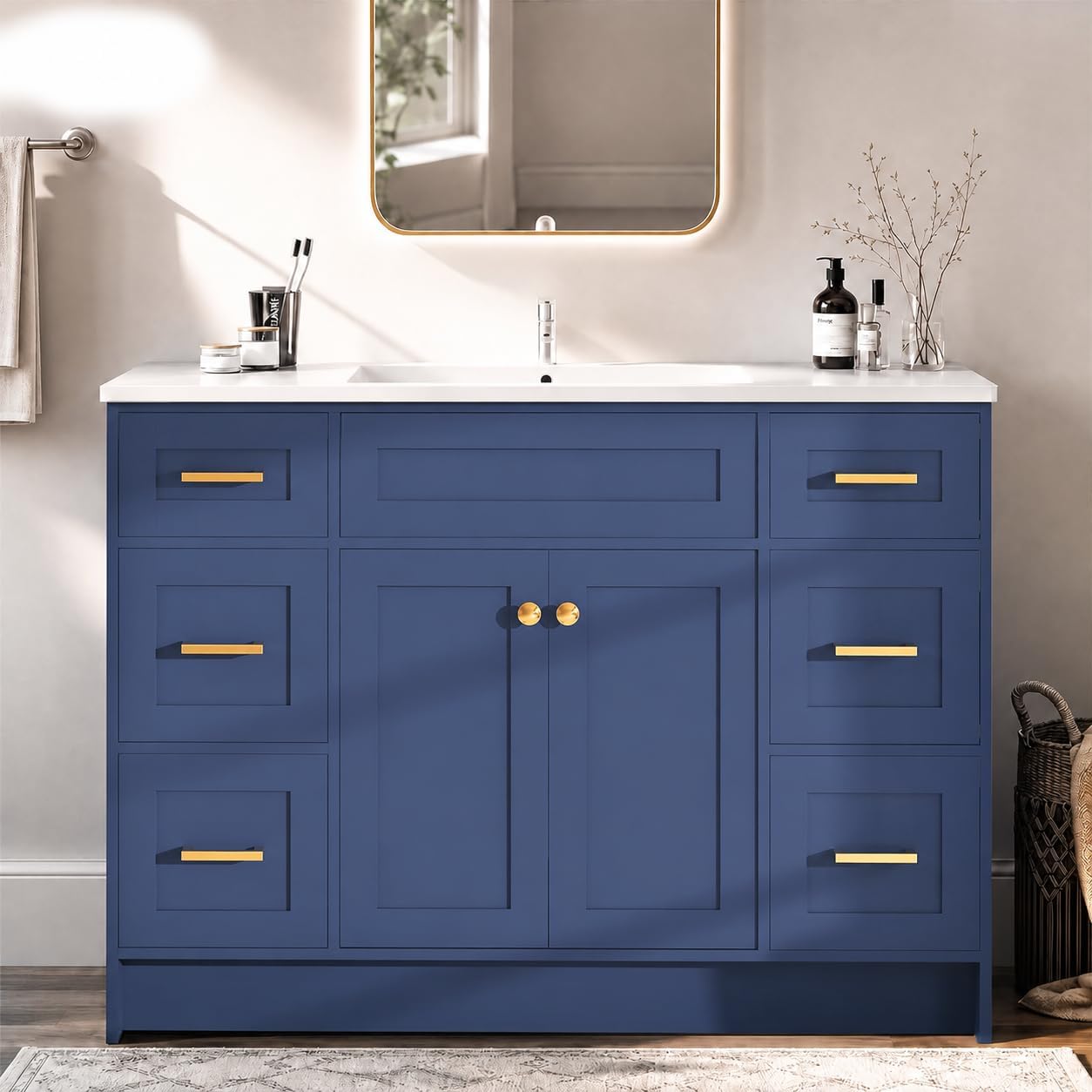 Lower-priced blue bathroom vanity alternative