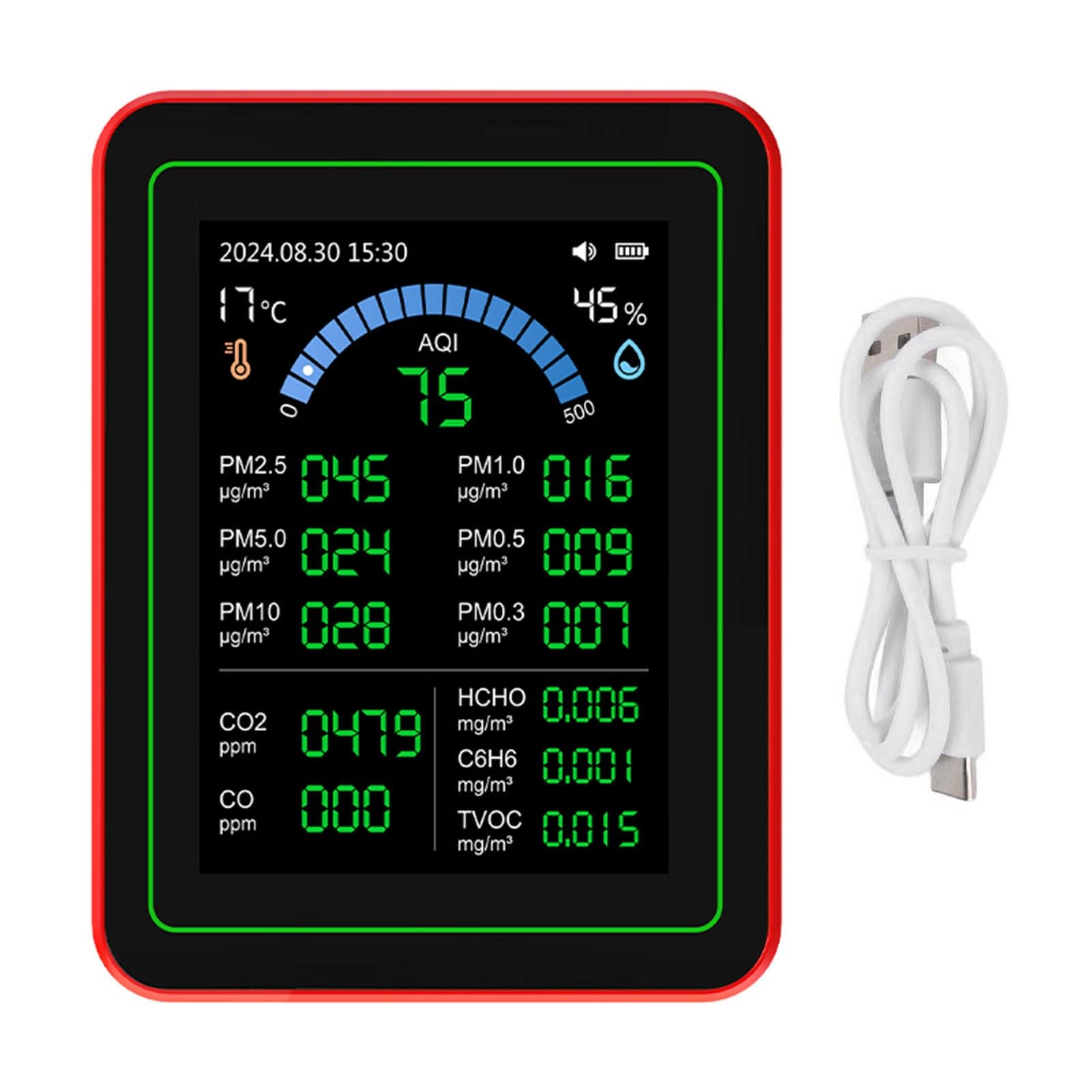 Cocoarm Medidor de Calidad del Aire Monitor Portátil de Calidad del Aire Interior con Sensores Infrarrojos y Semiconductores 18 en 1 CO2 PM2.5 TVOC HCHO Temperatura Humedad para el Hogar Coche Hotel