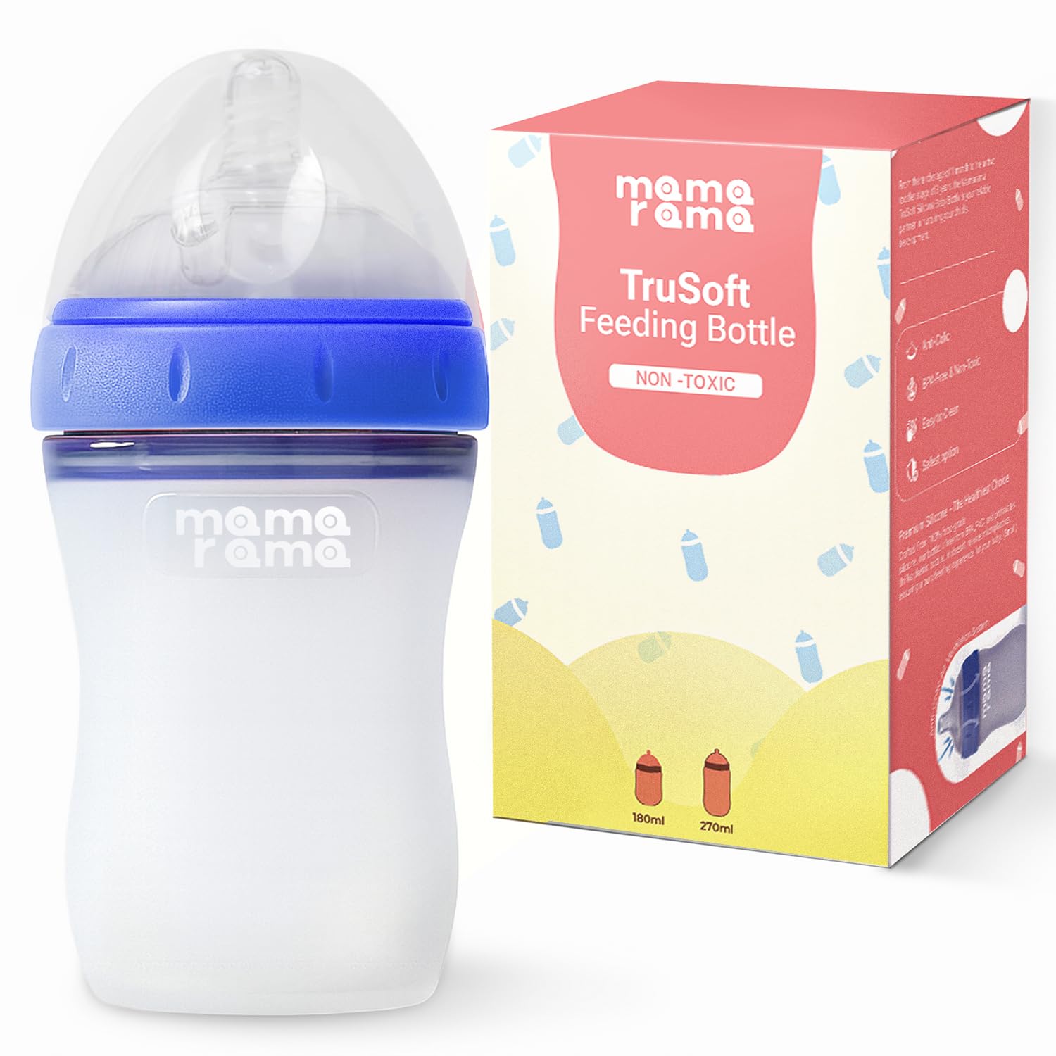 TruSoft Silicone Baby Bottle 270ml | Natural Feel Breast-Like Nipple | Anti-Colic Feeding Bottle | BPA-Free, Wide Neck | Newborn to Toddler (Blue)