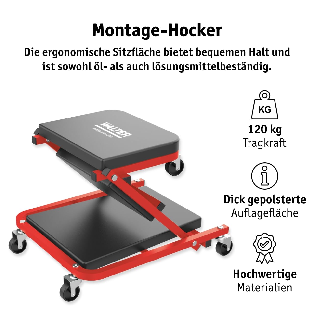 WALTER Montage Rollbrett/Werkstatthocker 2in1 | Tragkraft 150kg Rollsitz, Werkstattliege, Reifen Wechseln Zubehör, 360° drehbar