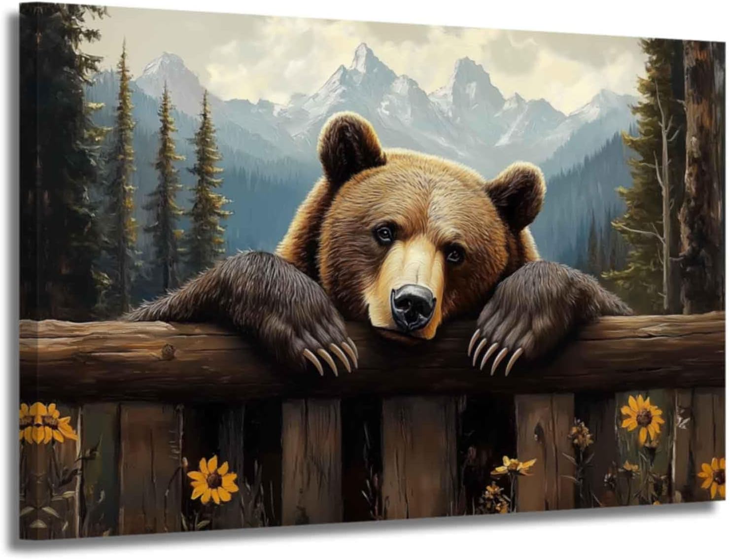 XLMDYYSW Bear Canvas Wall Art Brown Bear Pictures Wall decor Rustic Woodland Wildlife Print Forest Wild Animal Painting for Living Room Bedroom Cabin Framed (12L x 18W)