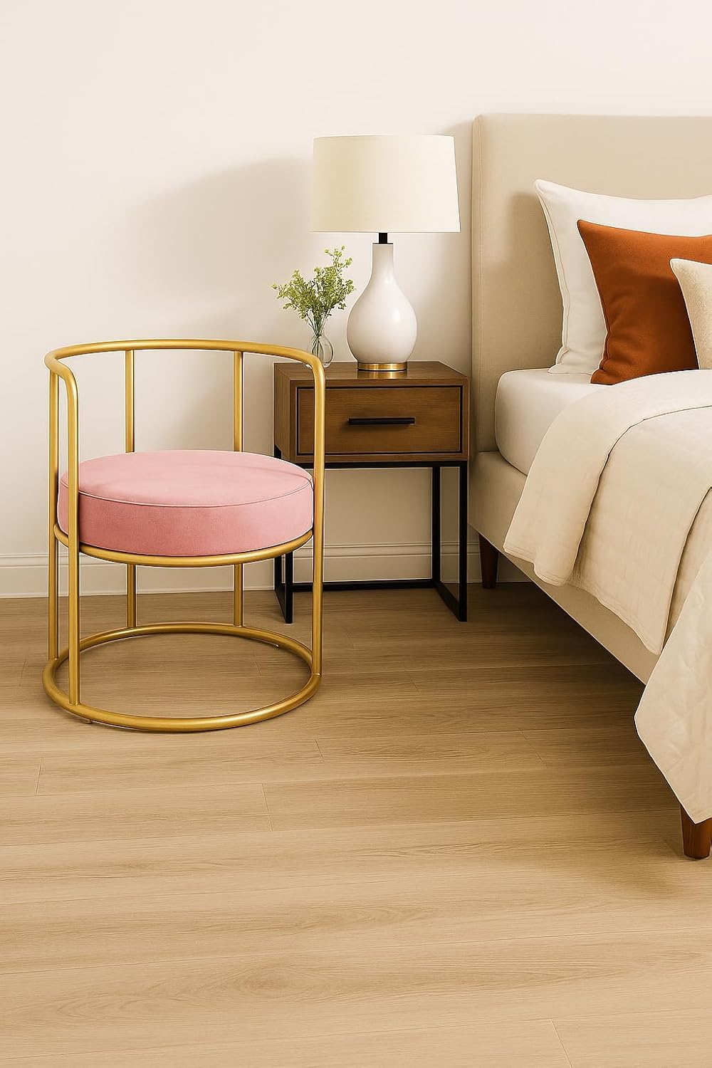 Modern Velvet Accent Chair Metal Frame, Round Upholstered Armchair with Cushioned Seat, Stylish Lounge Chair for Living Room, Bedroom & Office (Gold Pink)-image-48