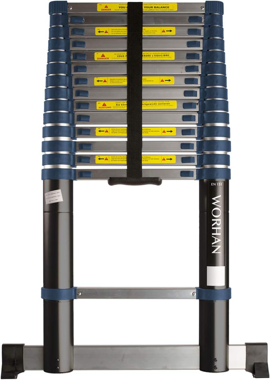 WORHAN® 4.4m (14' 5'') Telescopic Extendable Multipurpose Aluminium Extension Ladder with Stabilizer Bar 1K4.4