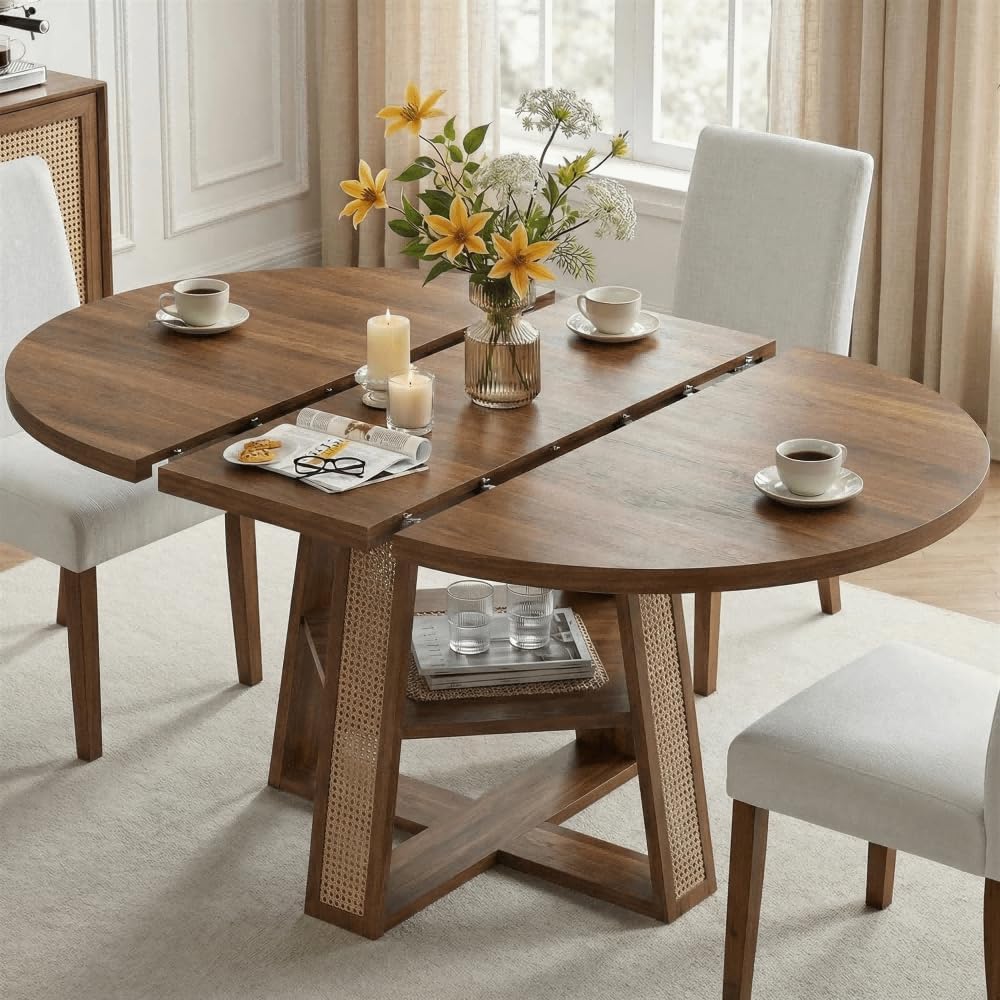 LIKIMIO 43-59" Extendable Round to Oval Dining Table for 4-8, Space-Saving Walnut Kitchen Table with Storage Shelf