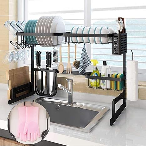 Amazon 最新版 ステンレス シンク上 水切りラック 食器 水切り まな板スタンド カトラリーケース 包丁立て コップかけ付き 耐荷重40kg 水切り 水切りカゴ キッチンラック 省スペース 水切りラック オンライン通販
