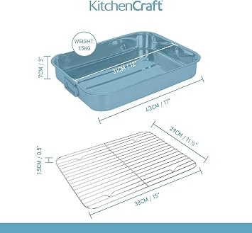 KitchenCraft Roasting Tin with Rack, Stainless Steel Construction, Rectangular Shape, Dishwasher Safe, Oven Safe, Freezer Safe, 43 x 31 cm, 5.5L Capacity, Silver
