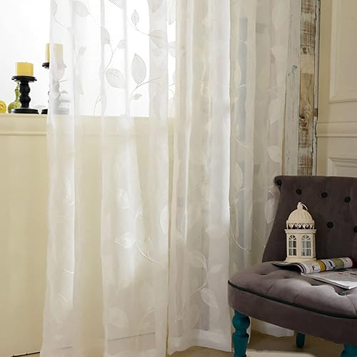 Miniatura 2 de Leeva Cortinas transparentes bordadas con hojas para cocina, 84 pulgadas de largo, elegantes cortinas de gasa con textura de lino natural, 2