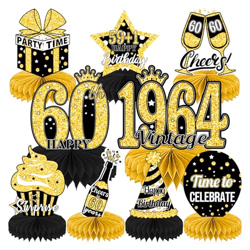 9 Pezzi Centrotavola a Nido d'Ape per 60° Compleanno Topper da Tavolo a Nido d'Ape in Oro Nero per Uomo Donna Decorazioni da Tavola per Feste di Compleanno Vintage 1964 Forniture per Decorazioni