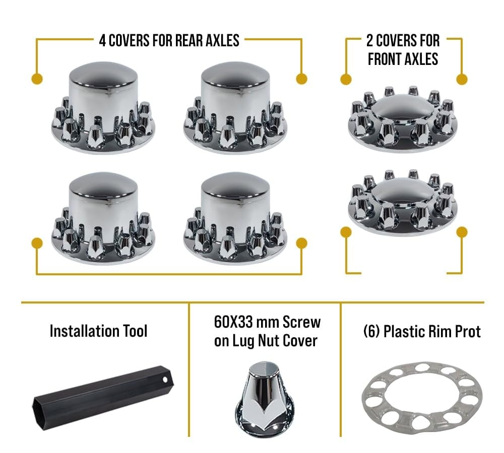 Mytee Products Complete Wheel Chrome Axle Cover Set - 33mm Threaded Lug Wheel Nut Covers for Semi Truck, Frightliner, Volvo - Removable Hub Caps Kit (2 Front & 4 Rear)