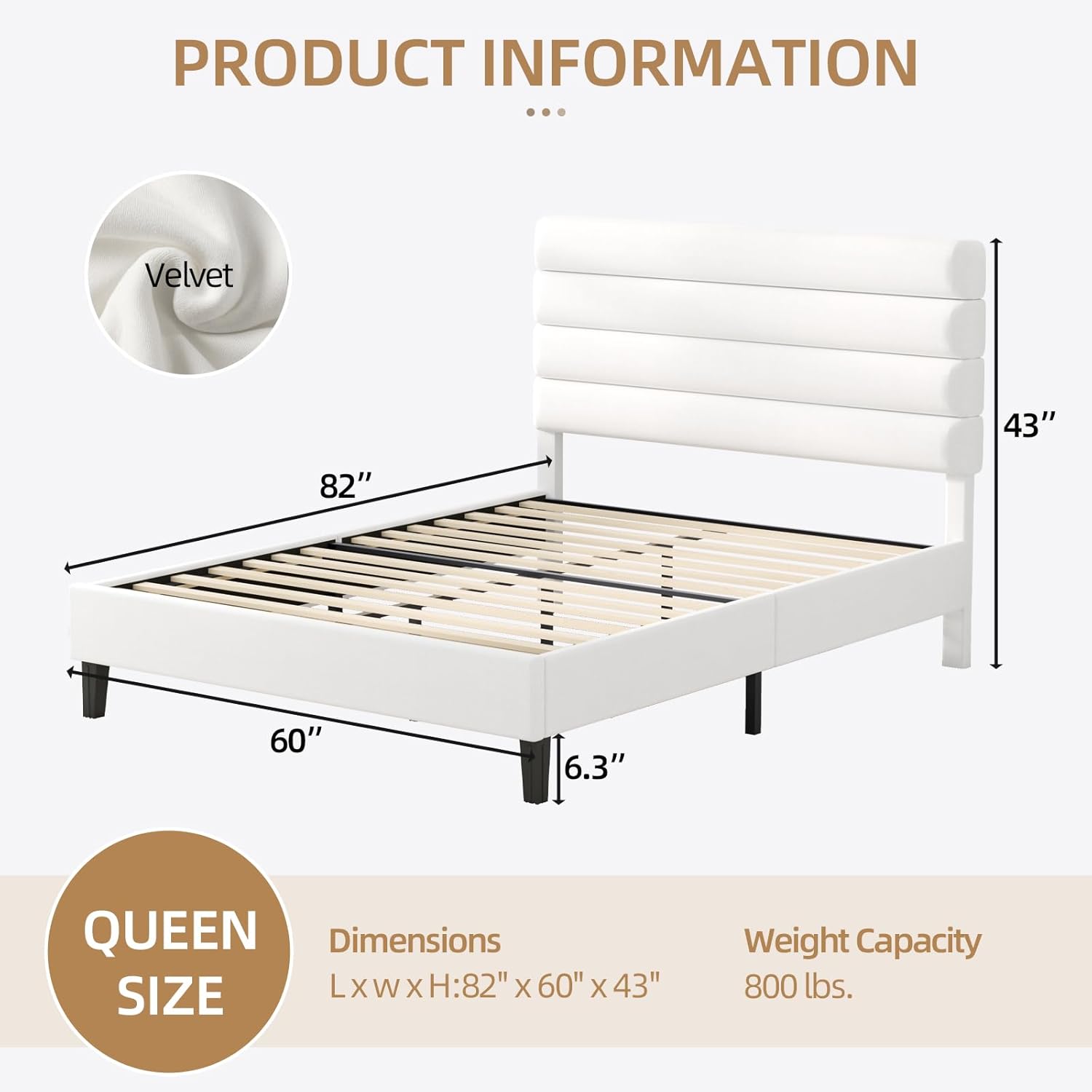 IMMERSTABLE Queen Bed Frame with Velvet Upholstered Headboard, No Box Spring Platform Bed, for Bedroom Master Bedroom Guest Room, Metal & Wood Slats Support, Noise-Free Easy Assembly, 800 lbs, White