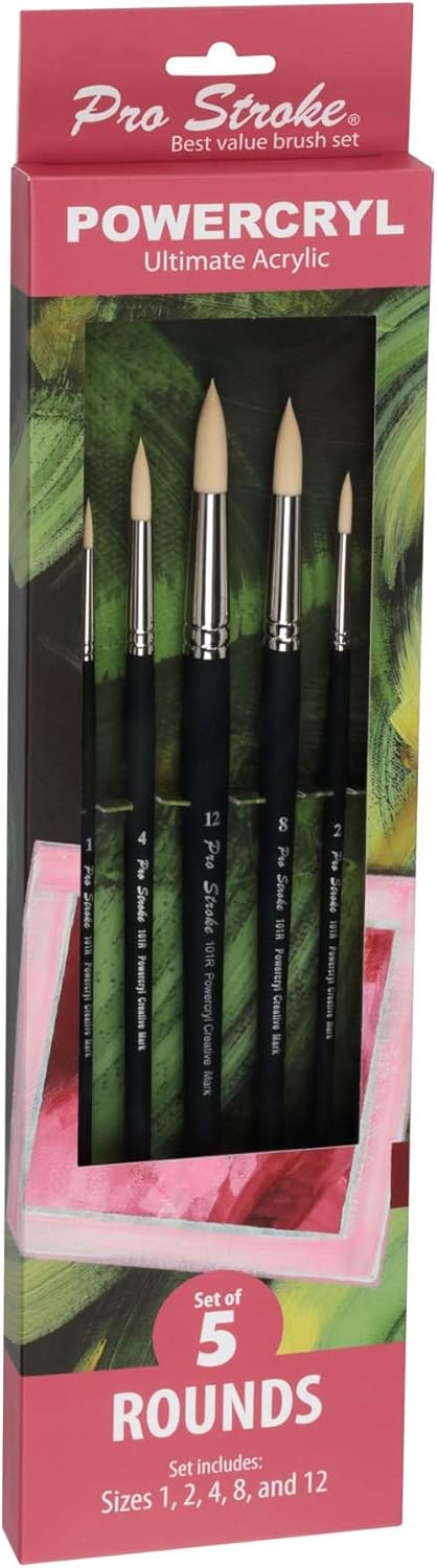 Creative Mark Pro-Stroke Powercryl Acrylic Paint Brushes - Rounds Value Set of 5, Synthetic Paint Brushes for Artists, Seamless Nickel-Plated Ferrules, Matte Black Wooden Handle, Soft-Touch Grip