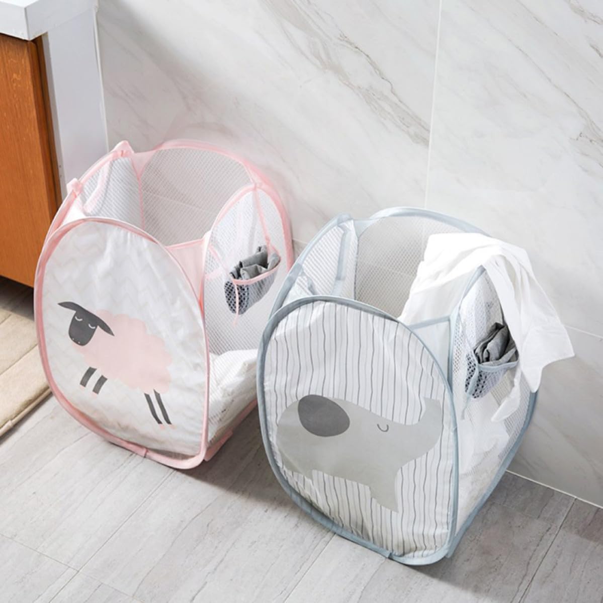 Cartoon Elephant Foldable Pop-up Mesh Laundry Hamper with Side Pockets