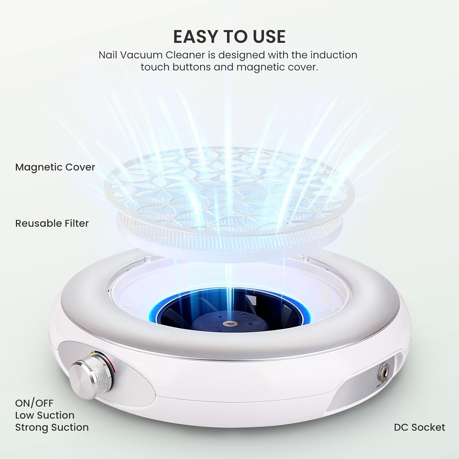 Lavinda Nail Dust Collector Quiet Plug-in Nail Tech Powerful Dust Vacuum Suction Fan with Reusable Filter, Electric Acrylic Nail Dust Cleaner for Nail Polishing, Low Noise, Salon Home