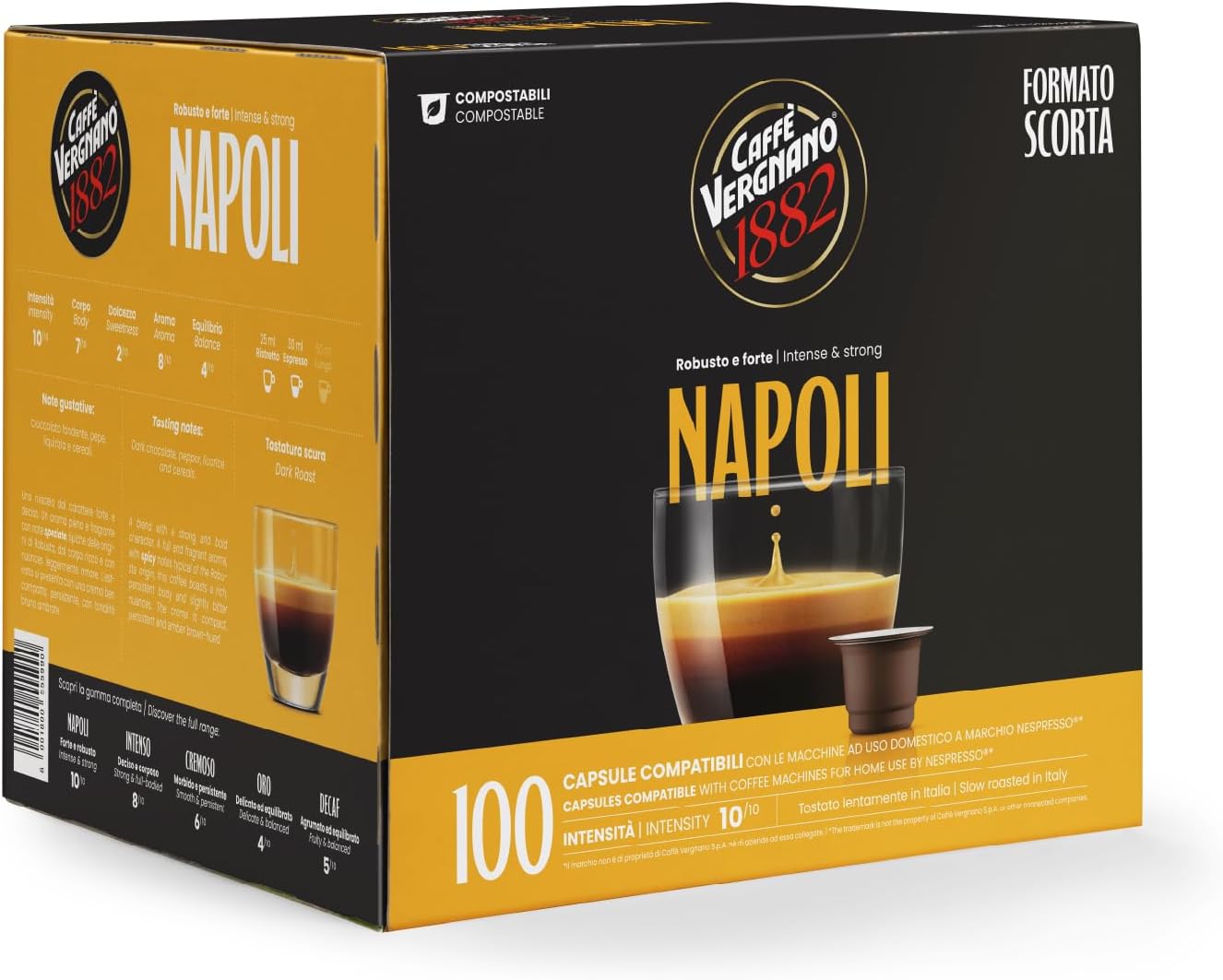 Caffè Vergnano 1882 - 100 Capsule - Caffè Compostabili e Compatibili con Nespresso, Napoli - Pack da 100 capsule