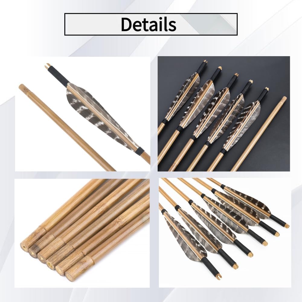 6/12/24pcs 33.4 inch Bamboo Arrows - 5 Inches of Natural Feathers for Traditional & Recurve Bow