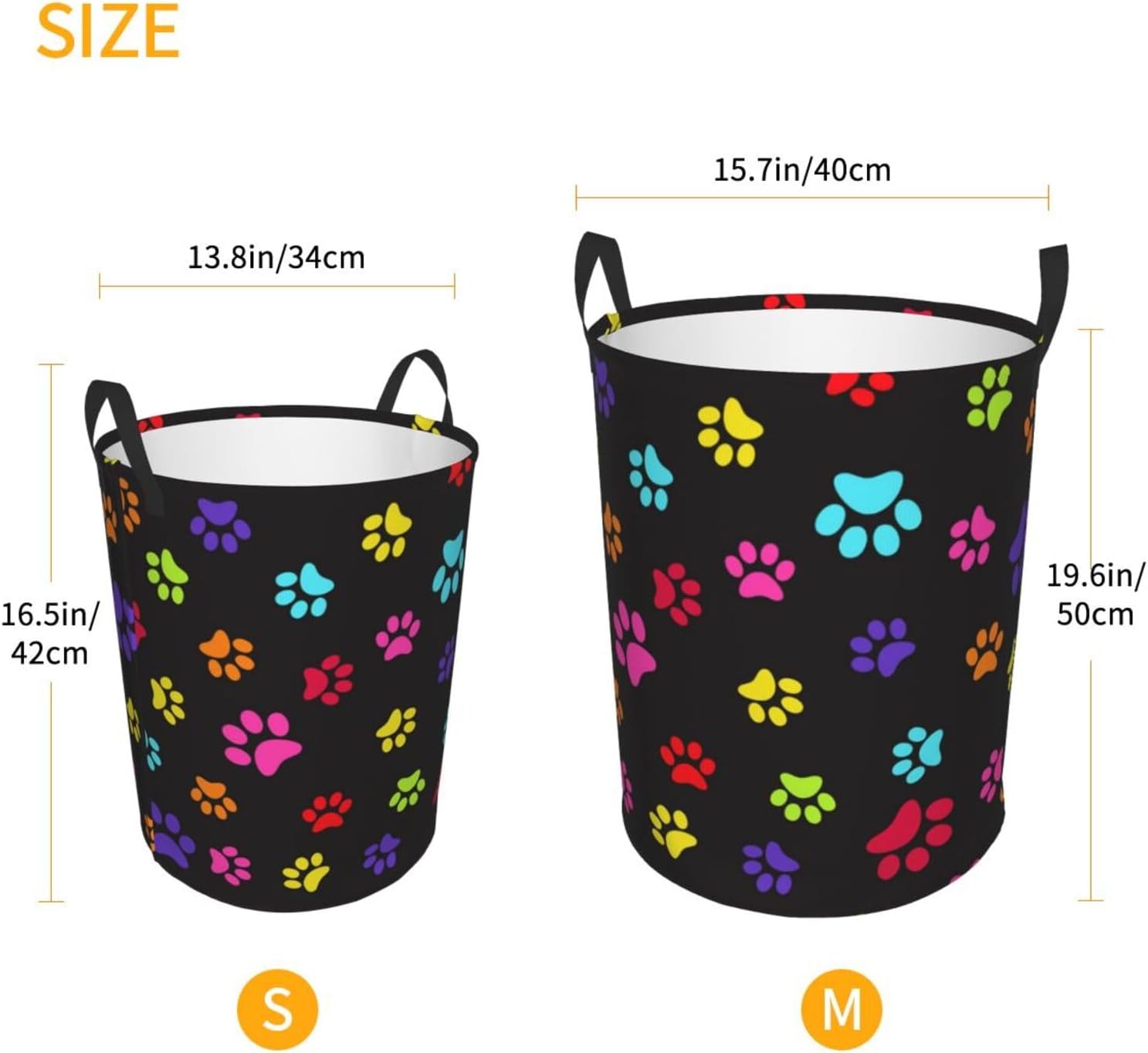 Colorful Dog Cat Paw Print Laundry Basket Waterproof Foldable Laundry Hamper with Durable Handle Round Storage Box Dirty Clothes Organizer for Household Bedroom Bathroom Living Room
