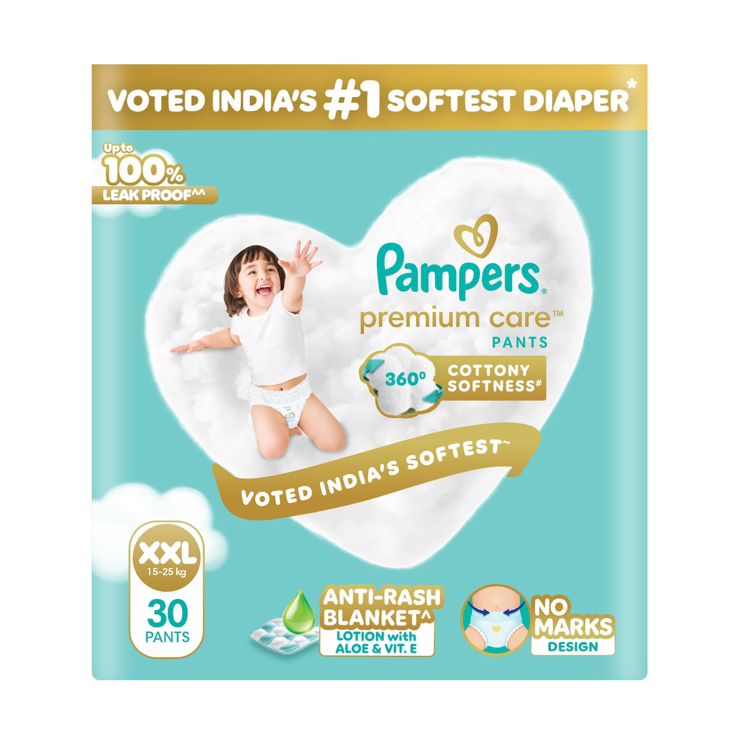 Pampers Premium Care Pant Style Baby Diapers XXL 30 Count | No Marks Design | Voted India’s #1 Softest Diaper | All in 1 diaper with 360 Cottony Softness