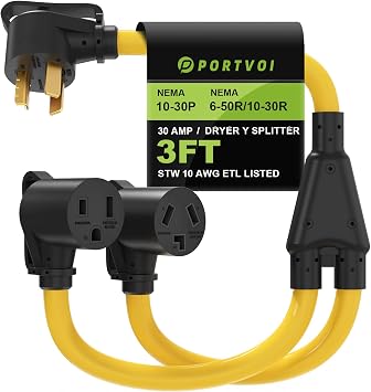 30 Amp Dryer Y Splitter Adapter Cord, NEMA 10-30P to 10-30R/6-50R, 3 Prong to 4 Prong, 30A to 50A Splitter for EV/RV Charging at Dryer Outlet, 10 AWG, ETL Certified, 3FT