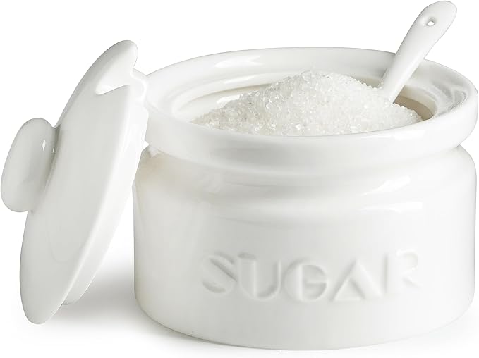 Gomakren White Sugar Bowl, Sugar Container with Lid and Spoon 10oz, Ceramic Sugar Jar for Kitchen, Coffee Bar, Countertop - Modern Farmhouse Kitchen Christmas Decor