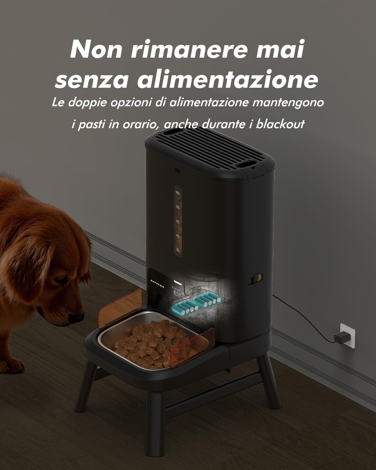 Distributore automatico cibo cani, capacità 15L, croccantini fino a 23mm