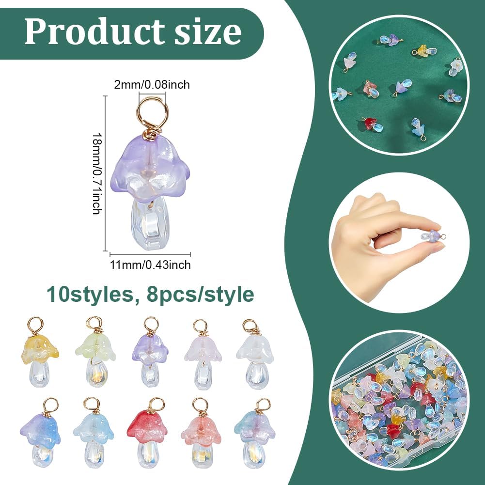 80Pcs Mushroom Charms 10 Colors Glass Mushroom Pendant Charms for Jewelry Making with Light Golden Copper Wire Cute Pendant Ornament for DIY Earrings Bracelet Necklace Crafts image 2