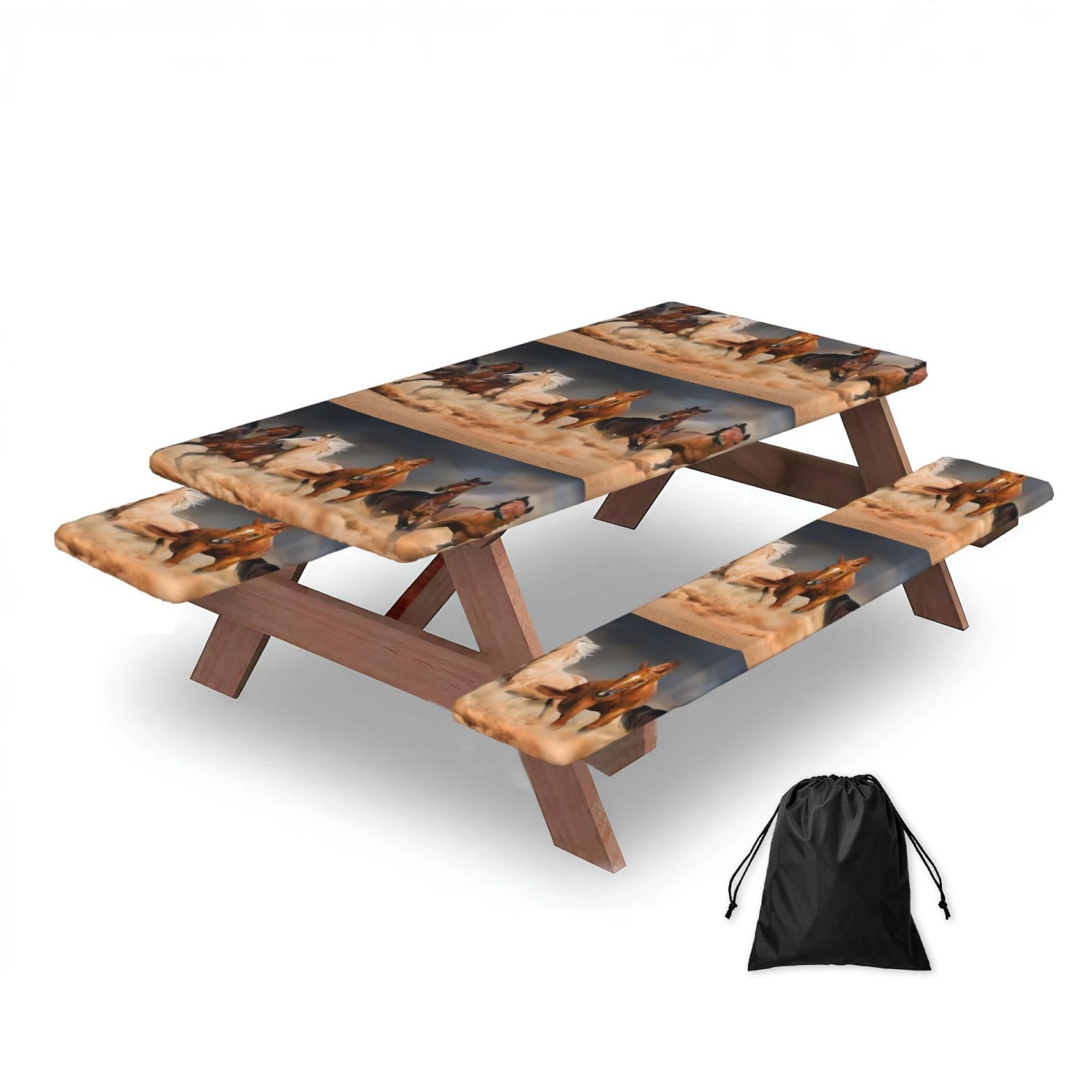 Dopklna As Picture Horse Running, Picnic Table Cover With Bench Covers -Waterproof Elastic Fitted Tablecloth For Garden Camping Patio 76X152cm